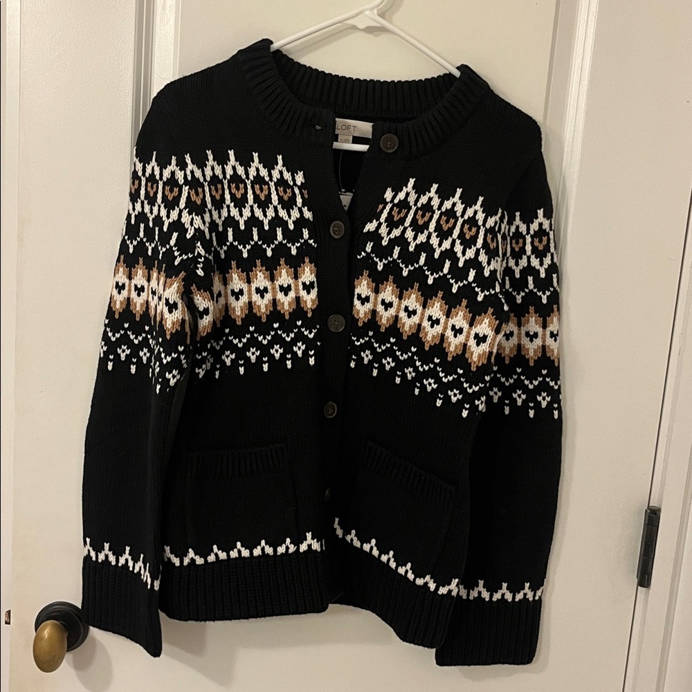LOFT Black and White Fair Isle Cardigan